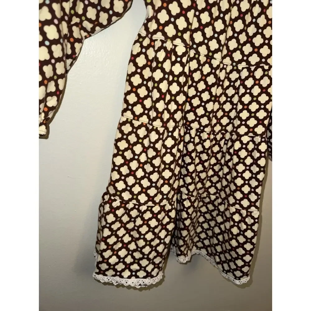 Beehave Girls Dress Size 7 Long Sleeve Tiered Boho Brown Geometric Pattern Lace